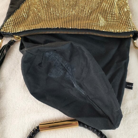 Foley + Corinna Black Leather & Gold Chanimail Crossbody Bag Purse Evening Bling - Picture 3 of 7